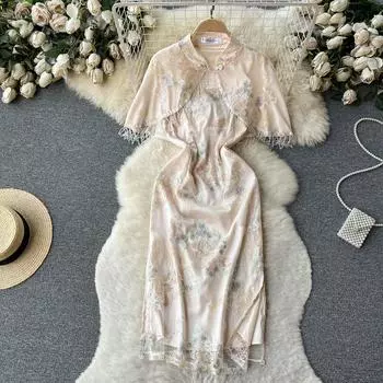 Летняя женская роскошная винтажная накидка с вышивкой и цветочной сеткой, комплект Cheongsam, шаль с кисточками и бретельками, тонкий облегающий костюм из тюля