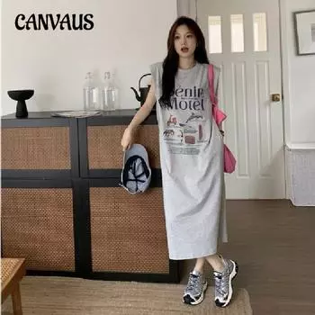 Летняя женская рубашка больших размеров без рукавов с принтом Длинные платья Свободные платья Длинный жилет до колена Повседневное платье M белый