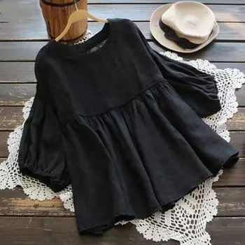 Летняя женская рубашка больших размеров для младенцев, корейская версия рубашки свободного кроя с рукавами-фонариками из искусственного хлопка и льна S жёлтый