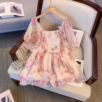 Летняя женская рубашка больших размеров из шифона с оборками, цветочным принтом, короткими рукавами, большим вырезом, свободная повседневная блузка, милый стиль 6XL