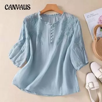 Летняя женская рубашка больших размеров из хлопка и льна, свободная литературная рубашка с вышитым цветком и v-образным вырезом, топ с короткими рукавами M белый