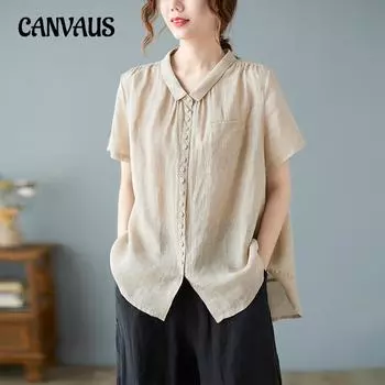 Летняя женская рубашка больших размеров, литературная свободная однотонная хлопково-льняная рубашка с лацканами, топ с короткими рукавами M розовый