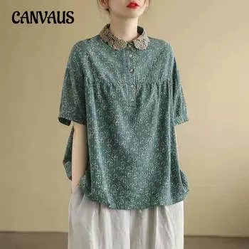 Летняя женская рубашка больших размеров, литературная ретро, хлопковая и льняная, с цветочным принтом, кукольный воротник, свободная блузка с короткими рукавами