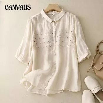 Летняя женская рубашка больших размеров, литературная свободная хлопково-льняная блузка с короткими рукавами и вышитыми цветами M белый