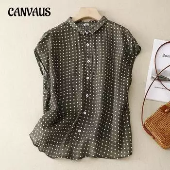 Летняя женская рубашка больших размеров, литературная, свободная, хлопковая и льняная, топы без рукавов в горошек M чёрный