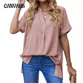 Летняя женская рубашка больших размеров, модная клетчатая рубашка с коротким рукавом и V-образным вырезом, свободная рубашка S белый