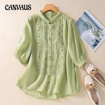Летняя женская рубашка больших размеров с вышитыми цветами, хлопковая льняная рубашка с рукавом три четверти, свободная литературная рубашка в стиле ретро с лацканами M белый