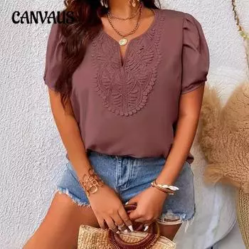 Летняя женская рубашка больших размеров с пышными рукавами и v-образным вырезом, однотонный топ с короткими рукавами L кирпич красный