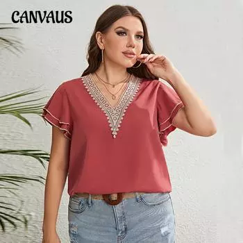 Летняя женская рубашка больших размеров с кружевным v-образным вырезом, свободный топ с короткими рукавами 1XL кирпич красный