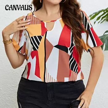 Летняя женская рубашка больших размеров с круглым воротником, свободная цветная блузка, дышащий топ с короткими рукавами 1XL разноцветный