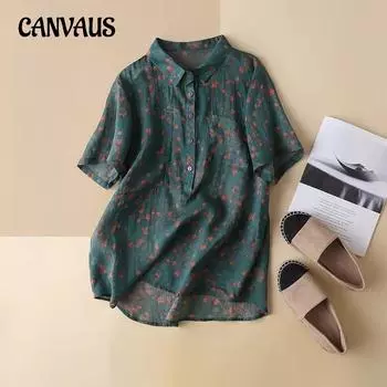 Летняя женская рубашка больших размеров с литературными лацканами, хлопковая льняная блузка с короткими рукавами и цветочным принтом