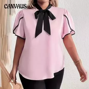 Летняя женская рубашка больших размеров с цветным блоком и галстуком, топ с короткими рукавами XL розовый