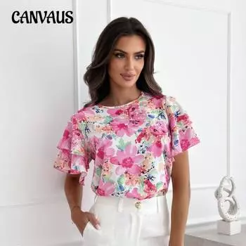 Летняя женская рубашка больших размеров с модным принтом, с рюшами и круглым вырезом, простой топ с короткими рукавами S розовый
