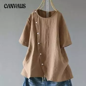 Летняя женская рубашка больших размеров с коротким рукавом и круглым вырезом, пуговицы, неровный подол, женская рубашка