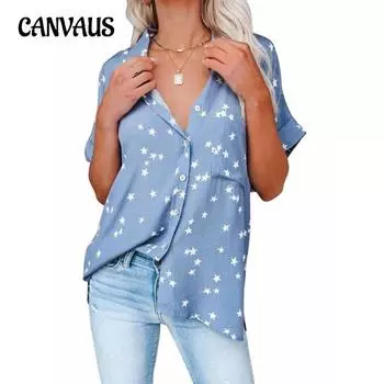 Летняя женская рубашка больших размеров со звездами, V-образным вырезом, пуговицами, рукавом «летучая мышь», коротким рукавом S чёрный