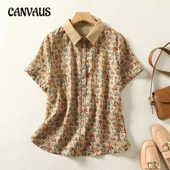 Летняя женская рубашка больших размеров, свободная литературная рубашка с цветочным принтом, повседневный стареющий топ с короткими рукавами M
