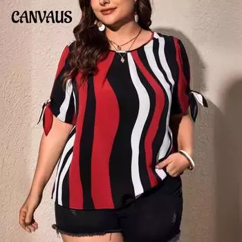 Летняя женская рубашка больших размеров в полоску с принтом и узлом, топ с короткими рукавами L разноцветный