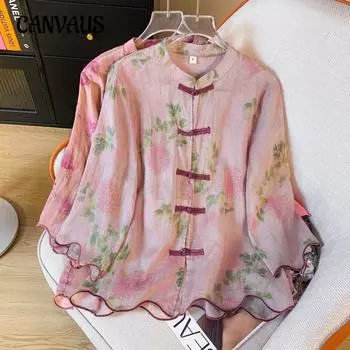 Летняя женская рубашка больших размеров в китайском стиле, винтажные топы на пуговицах в стиле дзен с литературным принтом M кофейный