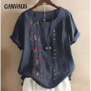 Летняя женская рубашка больших размеров, винтажные хлопковые и льняные свободные повседневные топы с короткими рукавами и вышивкой