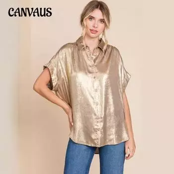 Летняя женская рубашка больших размеров, золотые однобортные свободные топы с короткими рукавами