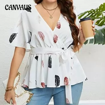 Летняя женская рубашка большого размера, белый кардиган с принтом, топ с короткими рукавами и завязкой на талии