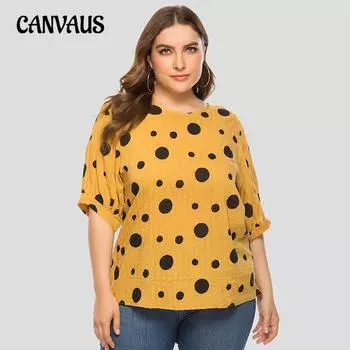 Летняя женская рубашка большого размера с принтом в горошек, свободная повседневная футболка с короткими рукавами L красный