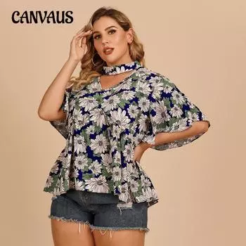 Летняя женская рубашка большого размера, темпераментная пригородная рубашка с висячим воротником и рукавами лотоса, рубашка с цветочным принтом XL темно-синий