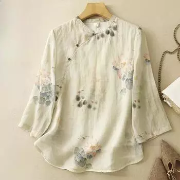 Летняя женская рубашка из хлопка и льна в китайском стиле с воротником-стойкой и принтом в стиле ретро, блузки и рубашки M