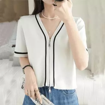 Летняя женская рубашка из ледяного шелка на молнии, женская вязаная блузка с v-образным вырезом, солнцезащитные рубашки с короткими рукавами, повседневные футболки с короткими рукавами, топы 25006 One Size синий