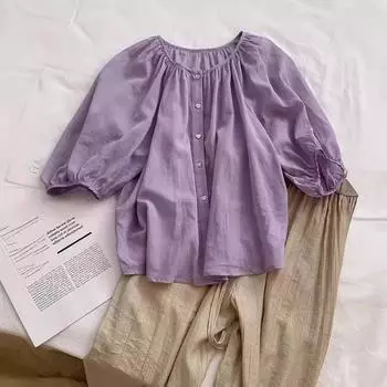 Летняя женская рубашка-кардиган, повседневная однотонная блузка, свободная блузка на пуговицах с талией XL фиолетовый