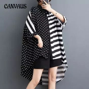 Летняя женская рубашка литературного размера плюс, свободная тонкая полосатая рубашка средней длины One Size чёрный