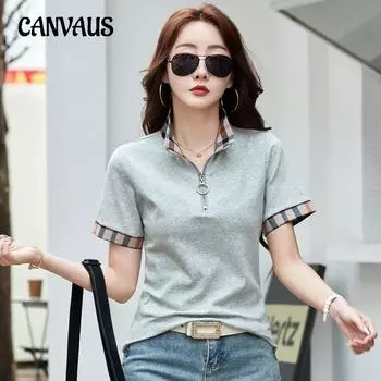 Летняя женская рубашка-поло в клетку с лацканами и молнией с короткими рукавами S белый