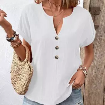 Летняя женская рубашка, повседневная, с V-образным вырезом, на пуговицах, с коротким рукавом, однотонная рубашка S белый