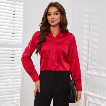 Летняя женская рубашка премиум-класса из шифона и атласа с бантом и V-образным вырезом S чёрный