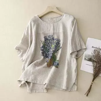 Летняя женская рубашка с цветочным принтом, ретро хлопковая льняная блузка, белый желтый топ с коротким рукавом и круглым вырезом M белый