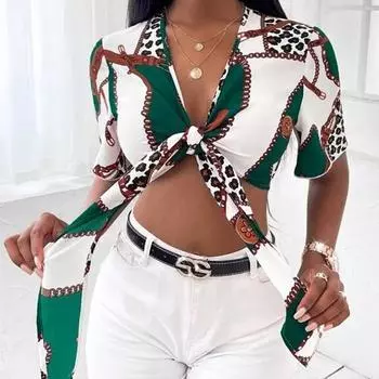 Летняя женская рубашка с галстуком-бабочкой, сексуальная рубашка с коротким рукавом и принтом, топ S красный