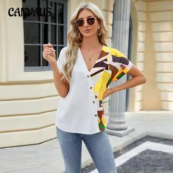 Летняя женская рубашка с коротким рукавом и v-образным вырезом с геометрическим принтом на одно плечо, свободная шифоновая рубашка S
