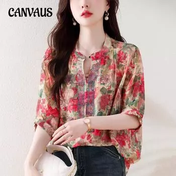 Летняя женская рубашка с коротким рукавом и v-образным вырезом, уменьшающая возраст, с принтом, с защитой от солнца L красный