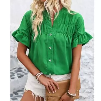 Летняя женская рубашка с коротким рукавом и V-образным вырезом, свободная офисная повседневная женская плиссированная блузка, модная элегантная однотонная простая топовая одежда для женщин S серебряный серый