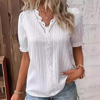 Летняя женская рубашка с коротким рукавом и V-образным вырезом, модная свободная кружевная блузка больших размеров, женская однотонная уличная одежда, повседневные простые топы, женская одежда 3730 S белый