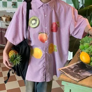 Летняя женская рубашка с коротким рукавом, шикарные клетчатые топы с фруктовым принтом в студенческом стиле, свободная модная женская одежда S синий