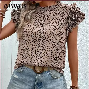 Летняя женская рубашка с круглым вырезом, элегантный темпераментный топ с леопардовым принтом и рюшами, топ с короткими рукавами S хаки