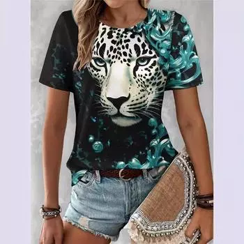 Летняя женская рубашка с круглым вырезом и короткими рукавами с принтом льва для поездок на работу S