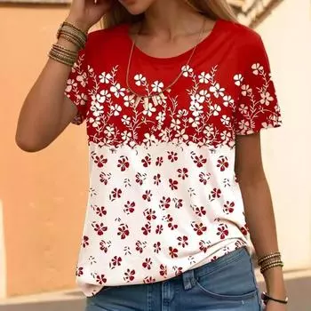 Летняя женская рубашка с круглым вырезом и короткими рукавами в красно-белую принтованную клетку для поездок на работу S