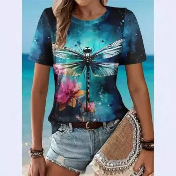 Летняя женская рубашка с круглым вырезом и короткими рукавами с принтом стрекозы для поездок на работу S