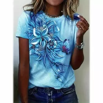 Летняя женская рубашка с круглым вырезом и короткими рукавами с цветочным принтом для поездок на работу S
