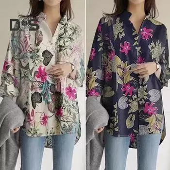 Летняя женская рубашка с лацканами, однобортная рубашка с длинным рукавом, топы с цветочным принтом, свободная посадка, повседневная блузка с принтом 2XL хаки