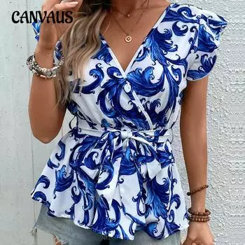 Летняя женская рубашка с принтом и запахом, этнический топ с короткими рукавами S синий