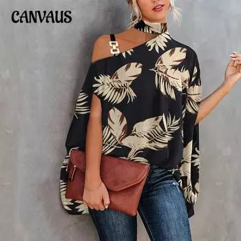 Летняя женская рубашка с принтом, сексуальная свободная футболка с наклонным вырезом, топ