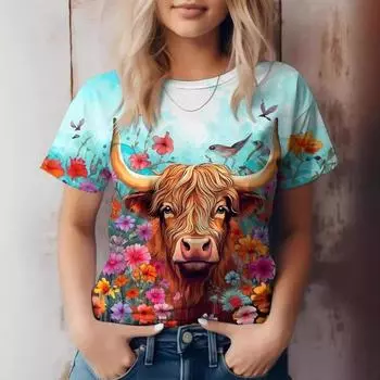 Летняя женская рубашка с принтом теленка, с круглым вырезом и короткими рукавами для поездок на работу, футболки женские S